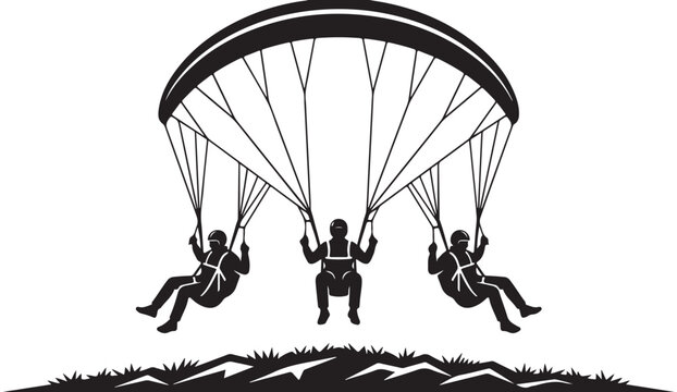Detailed black and white vector illustration of three people paragliding together in a group using a large parachute canopy system