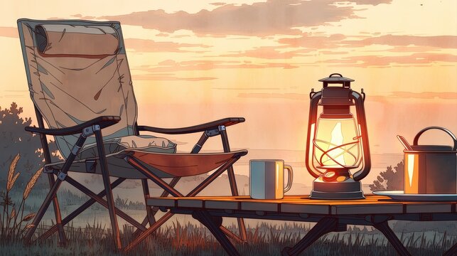 夕暮れ時のキャンプ場とランタン