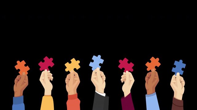 Animated hands holding puzzle pieces rising up and gently swaying before moving down. Seamless loop animation on transparent background with alpha channel. Teamwork and problem solving concept