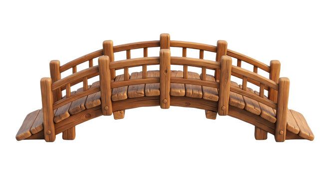 A curved wooden bridge with detailed planks and railings, showcasing rustic craftsmanship and natural wood texture.