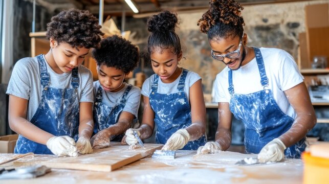 Four children and adult working together on woodworking project in workshop.