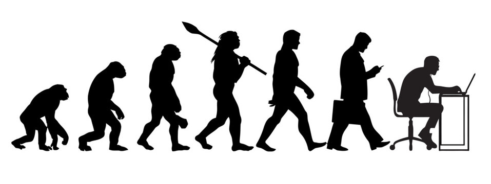 Human Evolution Silhouette: Ape to Office Worker with Laptop
