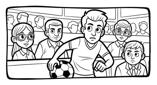 Young soccer player holding ball with nervous expression.