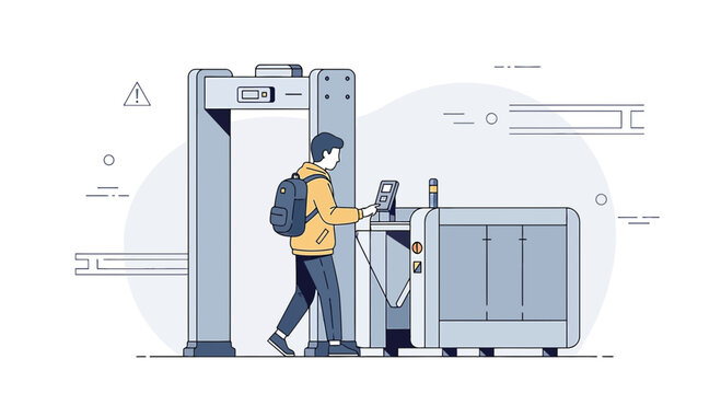 Man passing through security gate with scanner and turnstile, modern surveillance
