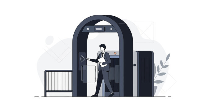 Man passing through security gate with identification card, access control.