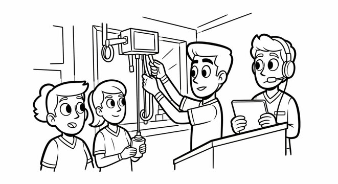 Cartoon group learning technical equipment and electronics basics.