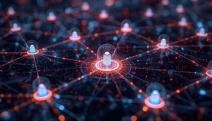 Obraz premium Digital network infrastructure visualized with glowing autonomous nodes and interconnected data pathways for advanced artificial intelligence and cyber security concepts