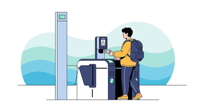 Man passing through ticket gate at station - illustration