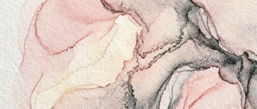 watercolor pigments creating marble like fluid formations in blush pink, ivory, and smoky gray tones,  intricate paper texture