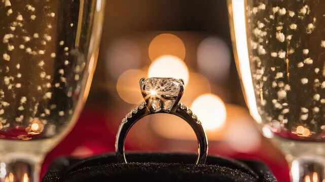 Close-up of a diamond engagement ring in a box between two glasses of champagne. Sparkling jewelry with blurred lights and rose petals in the background. Romantic proposal concept