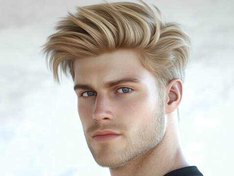 Man with a shaved head and a beard. He has a blue eye. He is wearing a black shirt