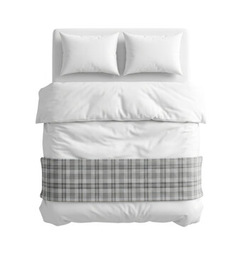 Top-down view of a neatly made bed with white duvet, two pillows and a gray plaid bed runner across the foot, minimalist hotel-style bedding and neutral bedroom styling