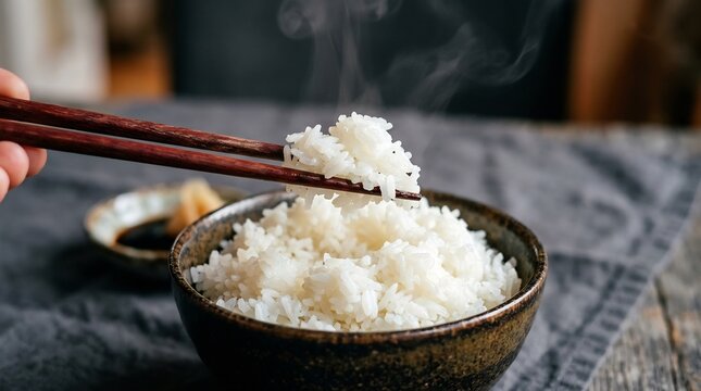 炊きたての美味しいご飯をお箸で掴む温かいひととき