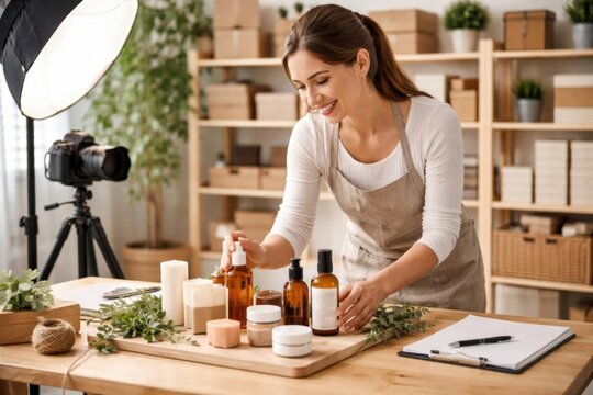 Due&ntilde;a de una peque&ntilde;a empresa organizando productos para una sesi&oacute;n de fotos de cat&aacute;logo