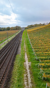 Aerial view of railway tracks passing through golden autumn vineyards with a train approaching under a cloudy sky in Crans VD, Vaud, Switzerland.