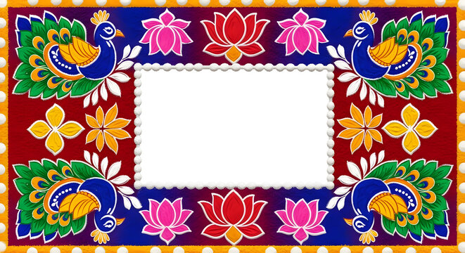 Colorful folk art frame with peacocks and lotus flowers.