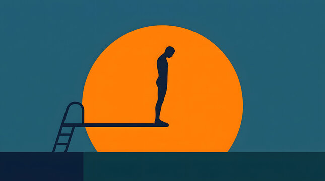 Silhouette of man on diving board, sunset background, swimming pool scene, minimalist illustration