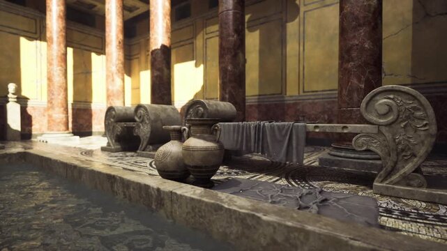 Sunlit roman atrium with amphorae and carved capitals warm golden light falls across mosaic floor and shallow impluvium pool, weathered pottery and folded