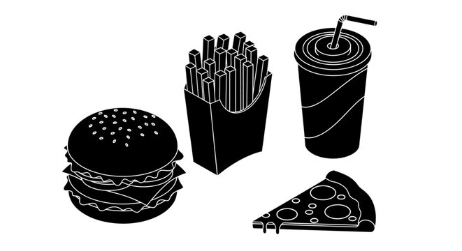Set of black fast food icons with hamburger fries soda and pizza slice.