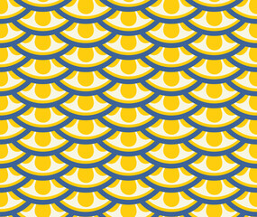 Vibrant seamless pattern featuring overlapping scalloped fan shapes in sunny yellow, deep blue, and cream. Retro inspired vector design mimics fish scales or classic Art Deco motifs for home decor. © Alena