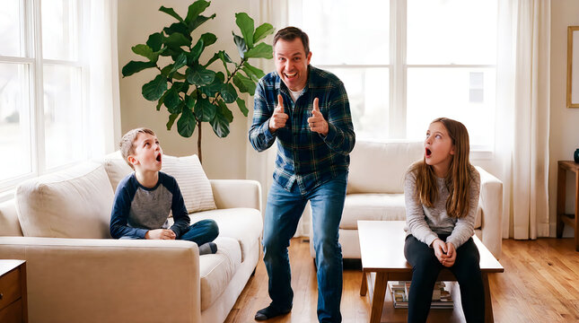 Father making funny dad jokes gestures with children in living room