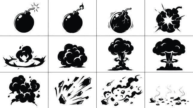 Various explosion silhouettes create dynamic visual effects in black.