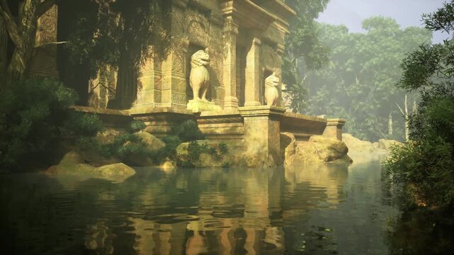 Moss covered pillars reflected in pool, close view of textured stone, dense green tones, tranquil shallow water, lichen and vines accenting ancient architecture