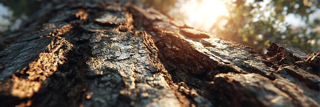 Rough tree bark texture with warm golden sunlight filtering through forest canopy creating soft lens flare and highlighting organic patterns on ancient wooden trunk surface.