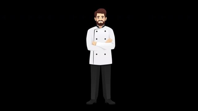 Full body cartoon chef man standing with arms crossed and subtle idle motion. Seamless loop animation on transparent background with alpha channel. Confident cook character for restaurant concept