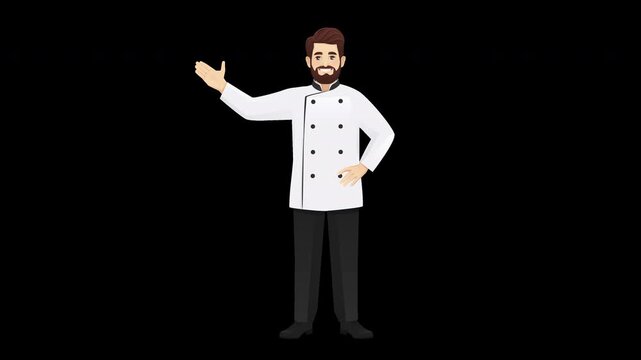 Full body cartoon chef man pointing to the side with subtle idle motion. Seamless loop animation on transparent background with alpha channel. Friendly cook character for food and restaurant concepts