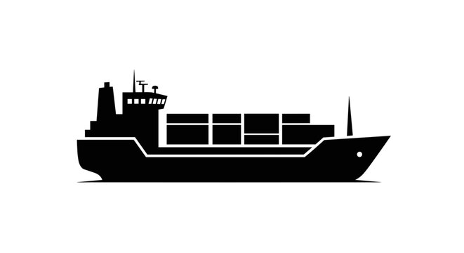 Silhouette of a cargo ship carrying containers on a white background.