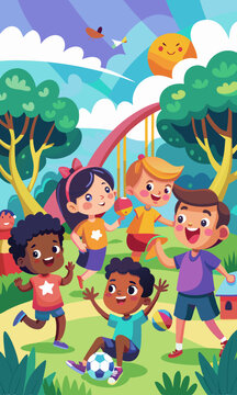 Ilustraci&oacute;n vectorial de dibujos animados de ni&ntilde;os multiculturales jugando juntos en un parque infantil, mostrando a ni&ntilde;os de diversas culturas compartiendo juguetes en un parque al aire libre.