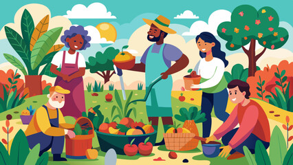 Fototapeta premium Huerto comunitario inclusivo con voluntarios diversos que plantan, riegan y cosechan verduras y flores en un espacio urbano sostenible.