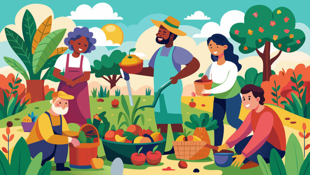 Huerto comunitario inclusivo con voluntarios diversos que plantan, riegan y cosechan verduras y flores en un espacio urbano sostenible.