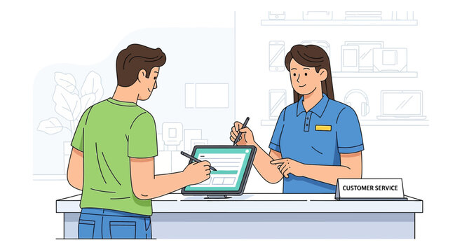 Customer signing digital receipt at electronics store counter, customer service