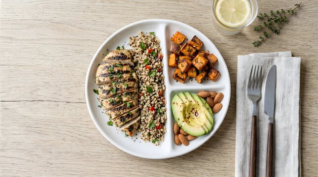 Healthy balanced meal with grilled chicken breast, quinoa salad, roasted sweet potatoes, fresh avocado, and almonds served on a divided plate.