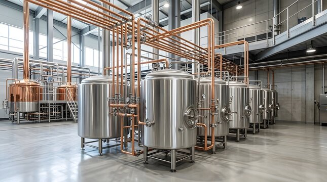 A large industrial brewery with stainless steel tanks and copper piping