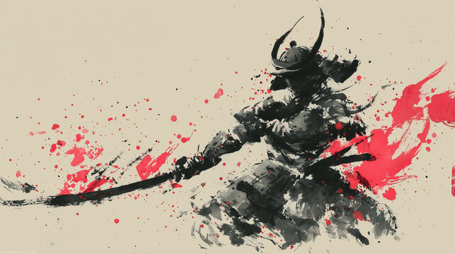刀を構える戦国武将・侍の躍動感あふれる水墨画風・インクウォッシュイラスト
