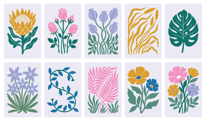 Colorful naive folk art botanical poster set. block print flowers, protea, pink rose, poppy, monstera leaves. for aesthetic bohemian wall art, greeting cards. flat vector graphic set. © ARTIST LAB