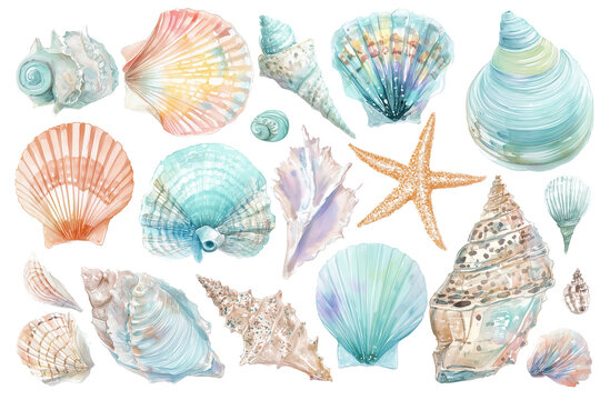 Collection set of beach seashells, pastel watercolor isolated on white or transparent background, png cut out