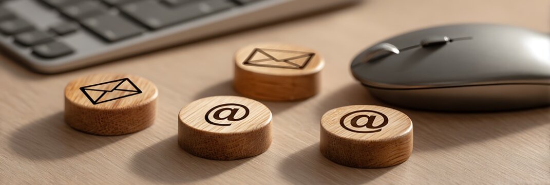 Wooden tokens with email and at symbols placed on desk near computer keyboard and mouse representing digital communication and professional electronic messaging connectivity
