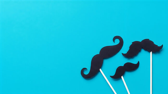 Black mustache props for funny dad jokes celebration on blue