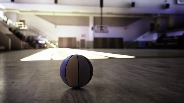 Forgotten basketball near center court, dusty hardwood, long angular light, empty arena conveying nostalgia and quiet aftermath of competition