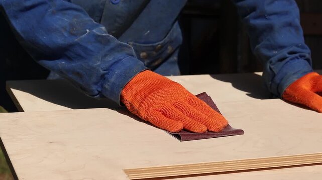 A woman in blue work clothes and protective gloves is working on the processing of a wooden board. The process of sanding the surface of a board using sandpaper. Handicraft, hobby.