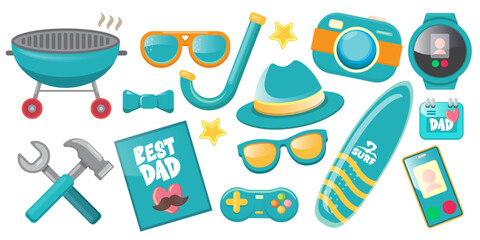 Father's Day and summer vacation flat icons sticker set isolated on white. Turquoise vector illustrations of dad hobbies, bbq grill, surfboard, gamepad and tools. Father's Day Turquoise gifts set © zmiter