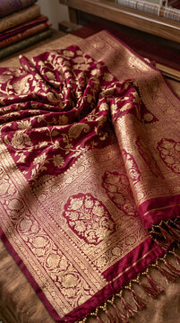 Luxurious maroon silk fabric with intricate gold embroidery and patterns.