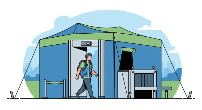 Man entering temporary security checkpoint tent with scanner