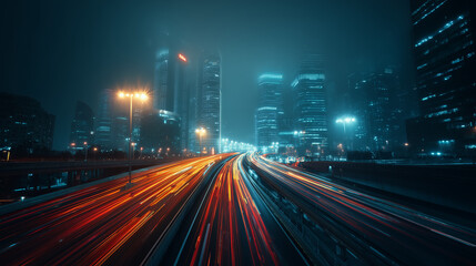 Fototapeta premium Long exposure of light trails on highway with city skyline and skyscrapers in the background at night