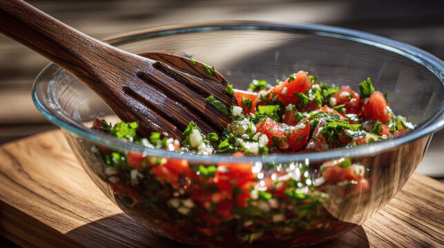 Fresh tabbouleh salad with chopped parsley tomatoes and bulgur wheat served in clear glass bowl with wooden spoon on rustic cutting board for healthy Mediterranean meal