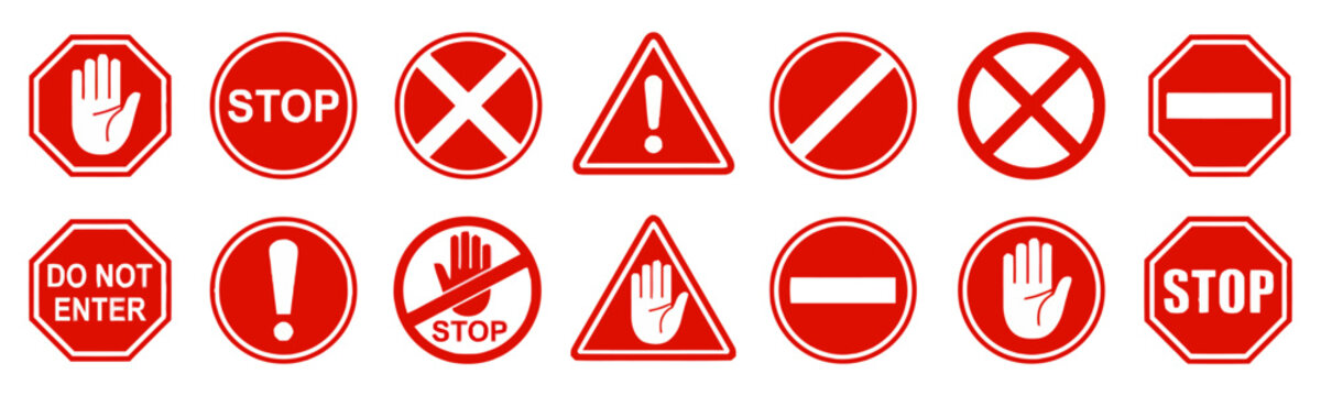 Red Traffic Signs Collection, Regulatory Symbols Against White Background